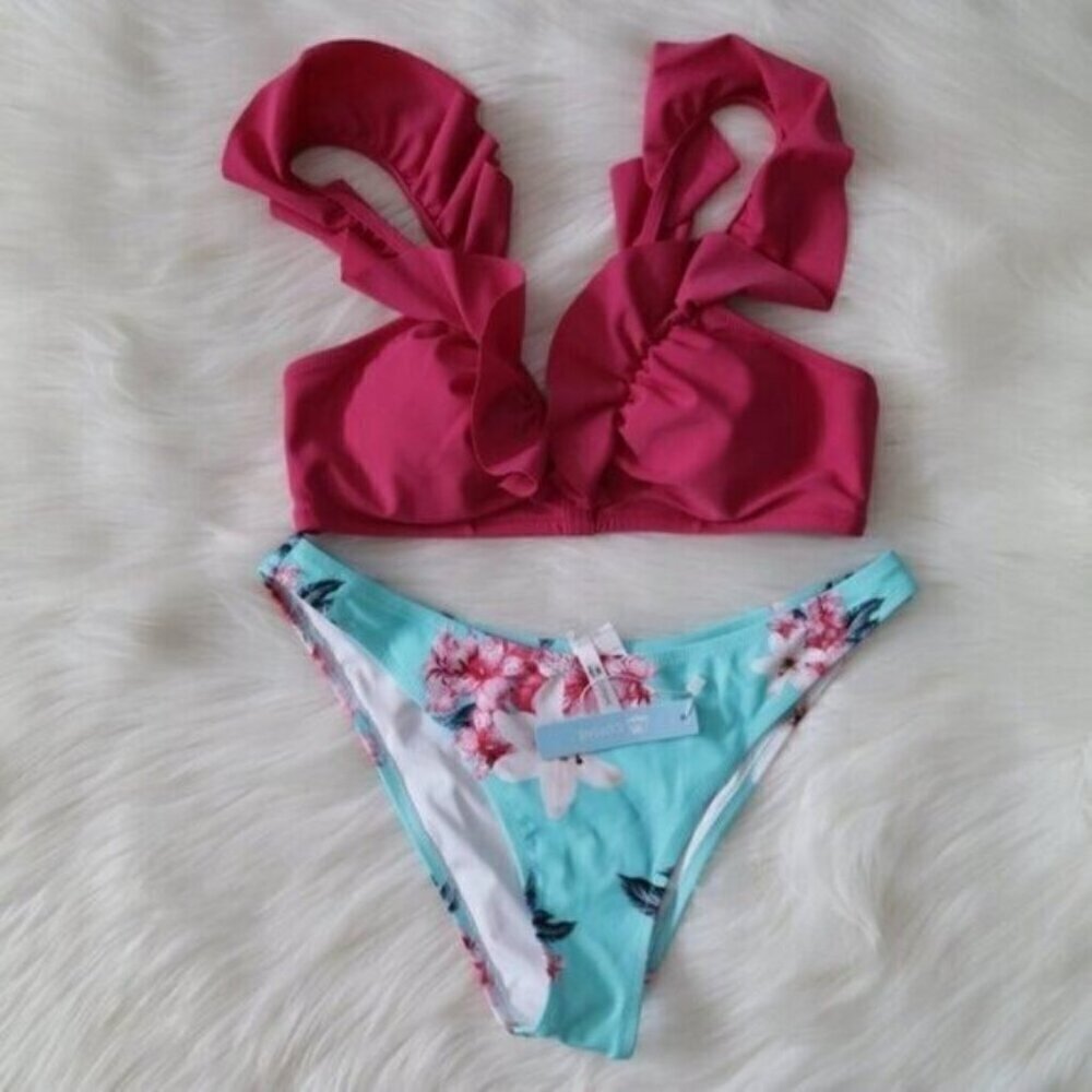 NWT Pink Blue Ruffle Floral Print Bikini Swim Set Size Medium